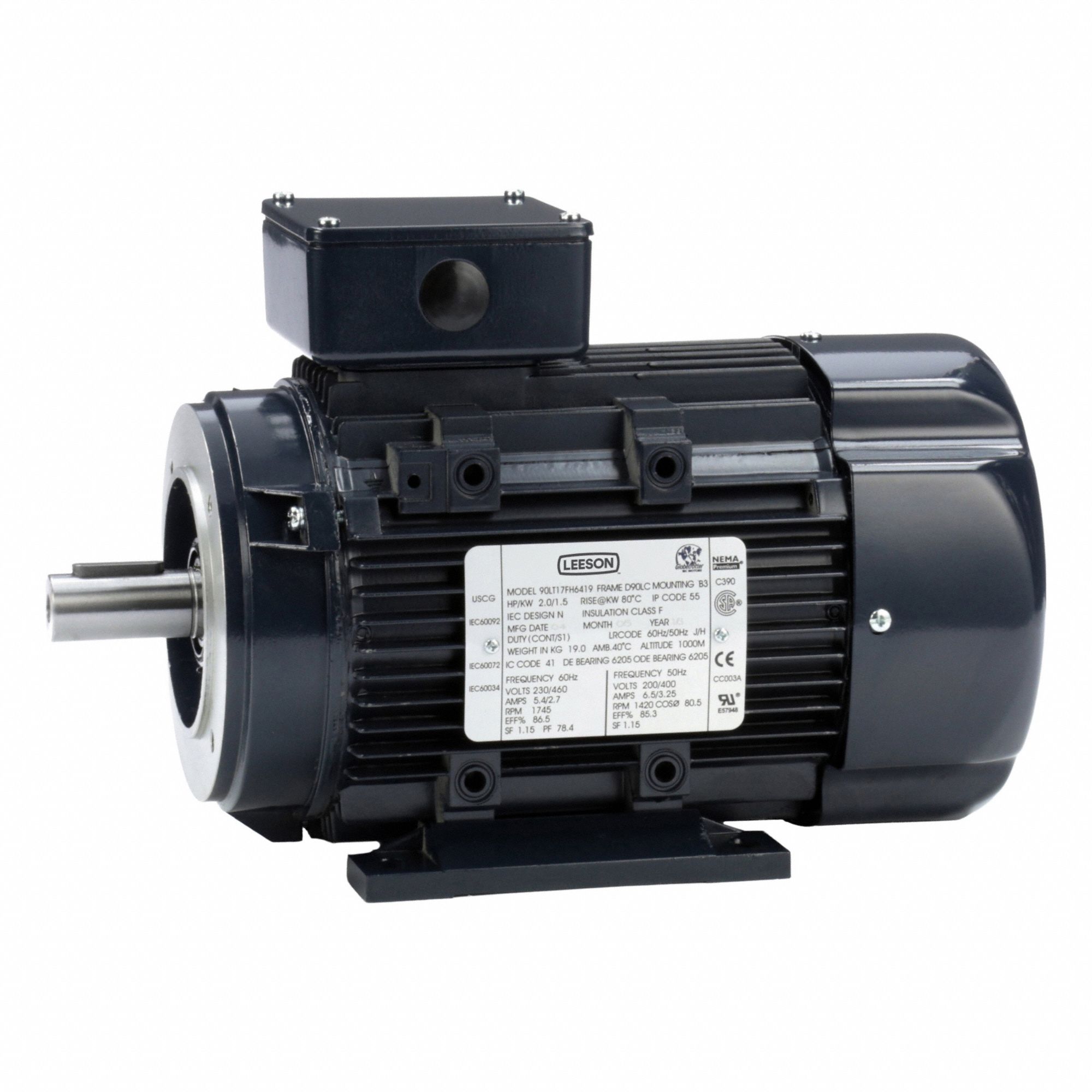 Metric Motor: 2 hp, C-Face/Rigid Base Mount, 90L Frame Size, Totally Enclosed Fan Cooled