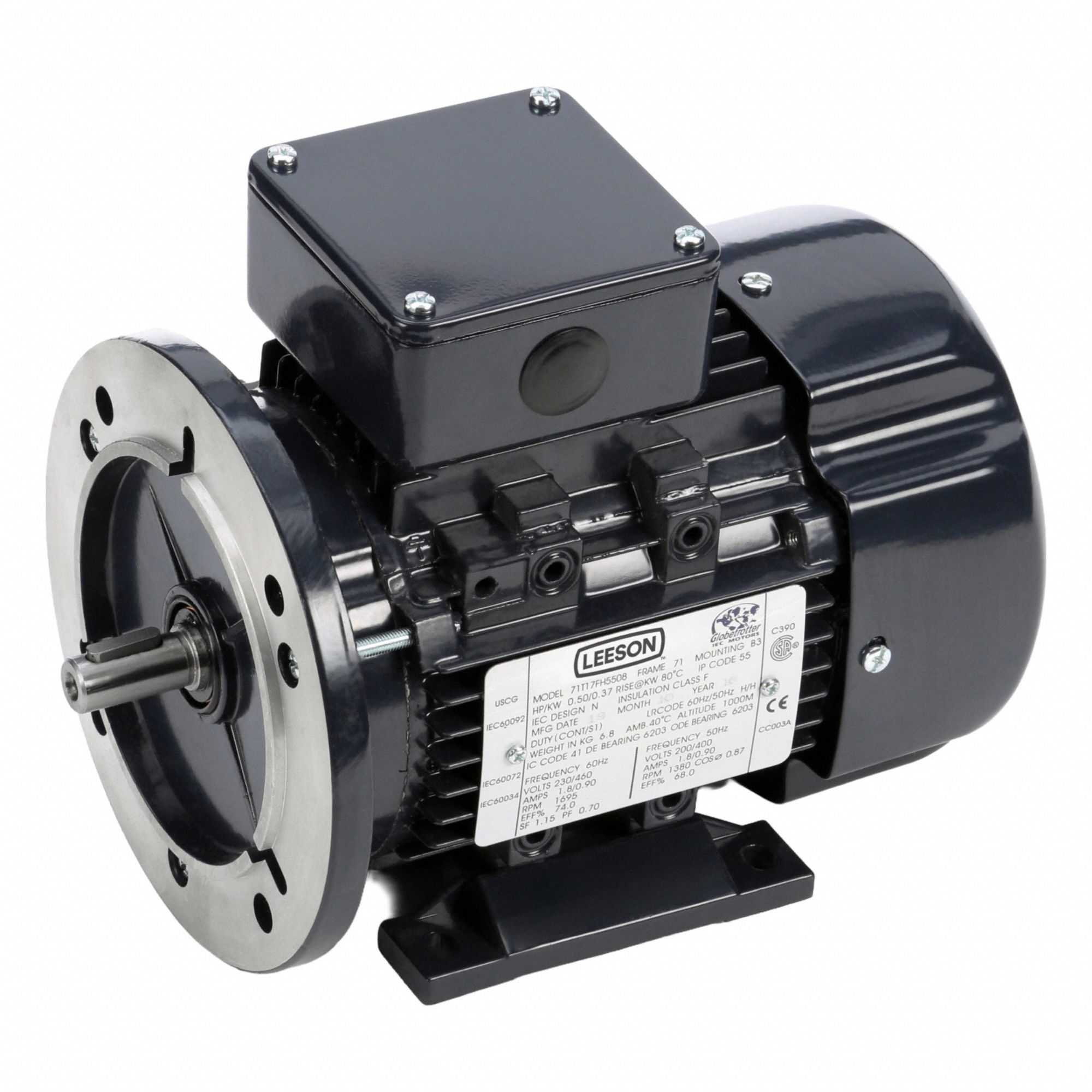 Metric Motor: 1/2 hp, C-Face/Rigid Base Mount, 71 Frame Size, Totally Enclosed Fan Cooled