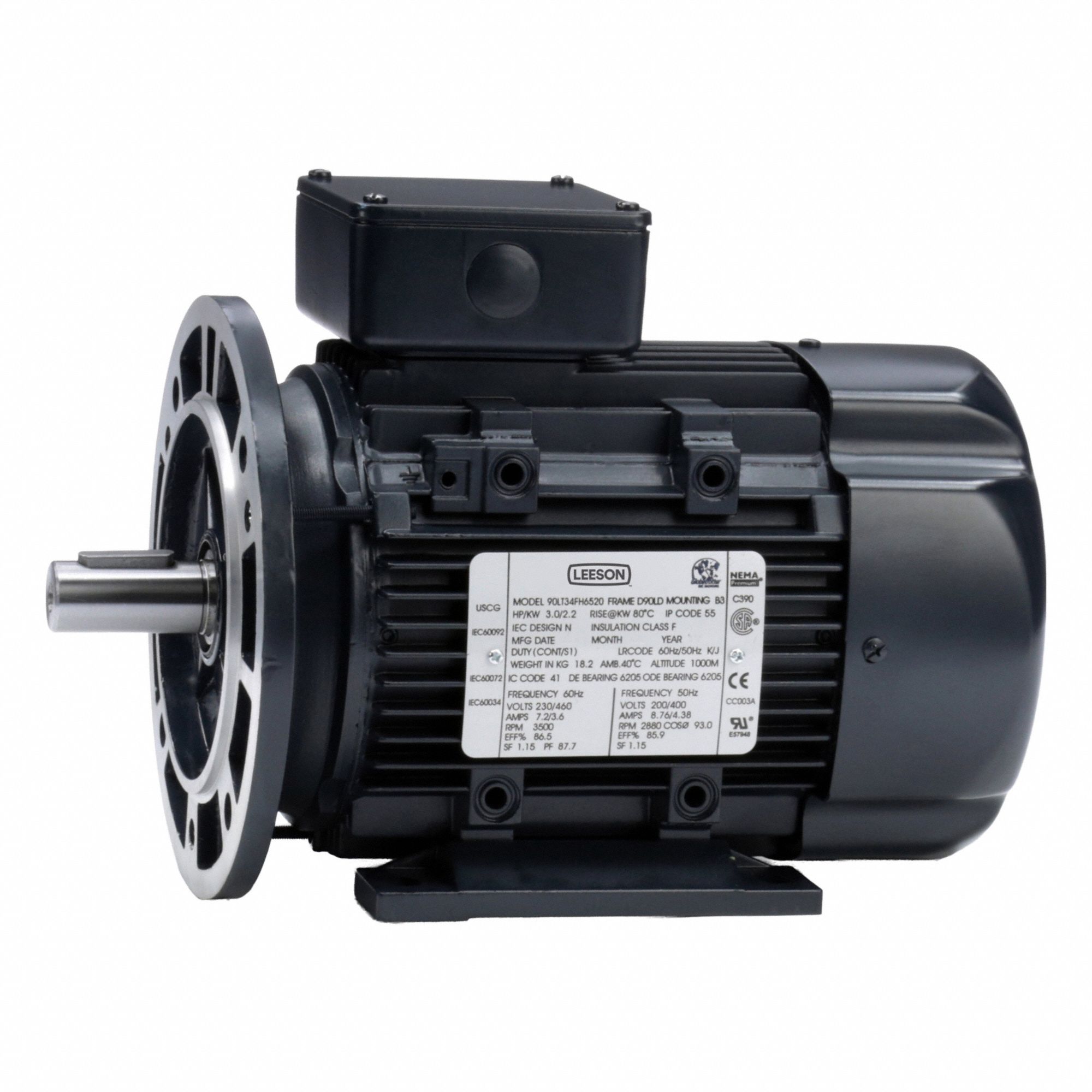 Metric Motor: 3 hp, C-Face/Rigid Base Mount, 90L Frame Size, Totally Enclosed Fan Cooled