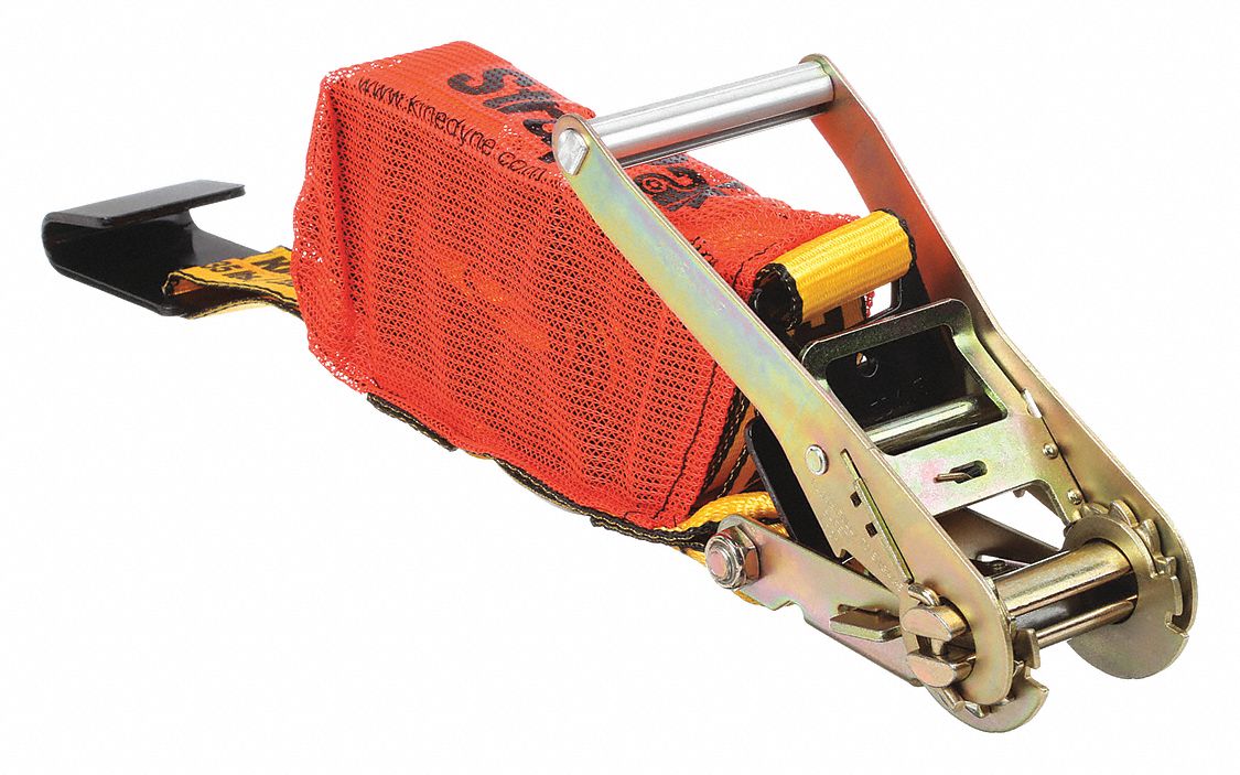 Ratchet Strap: Ratchet, Flat-Hook, Gen Purpose, 2 in Wd, 3, 335 lb WLL, Yellow, 30 ft Lg, Wide Handle
