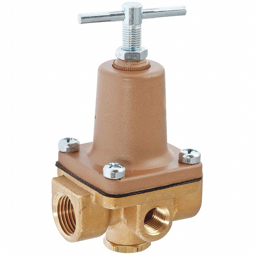 Water Pressure Regulator: FNPT x FNPT, 1/2 in Pipe Size, Brass, 50 psi to 175 psi, NPT x NPT