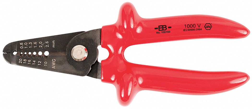 Wire Stripper: 20 AWG to 10 AWG, 10 to 20 mm, 6 5/16 in Overall Lg, Insulated, Std Cushion Grip