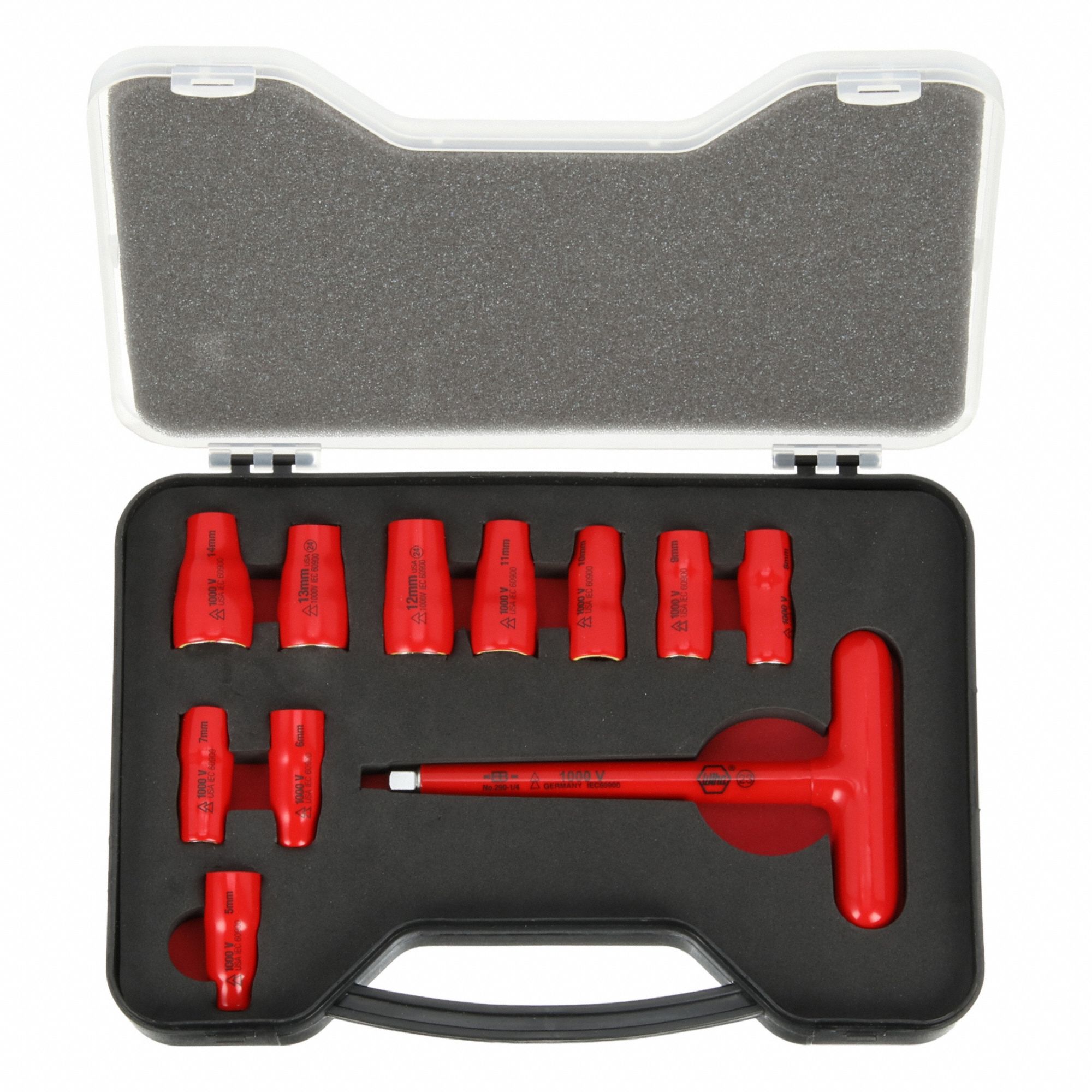 Socket Wrench Set: 1/4 in Drive Size, 11 Pieces, 5 mm to 14 mm Socket Size Range, (11) 6-Point