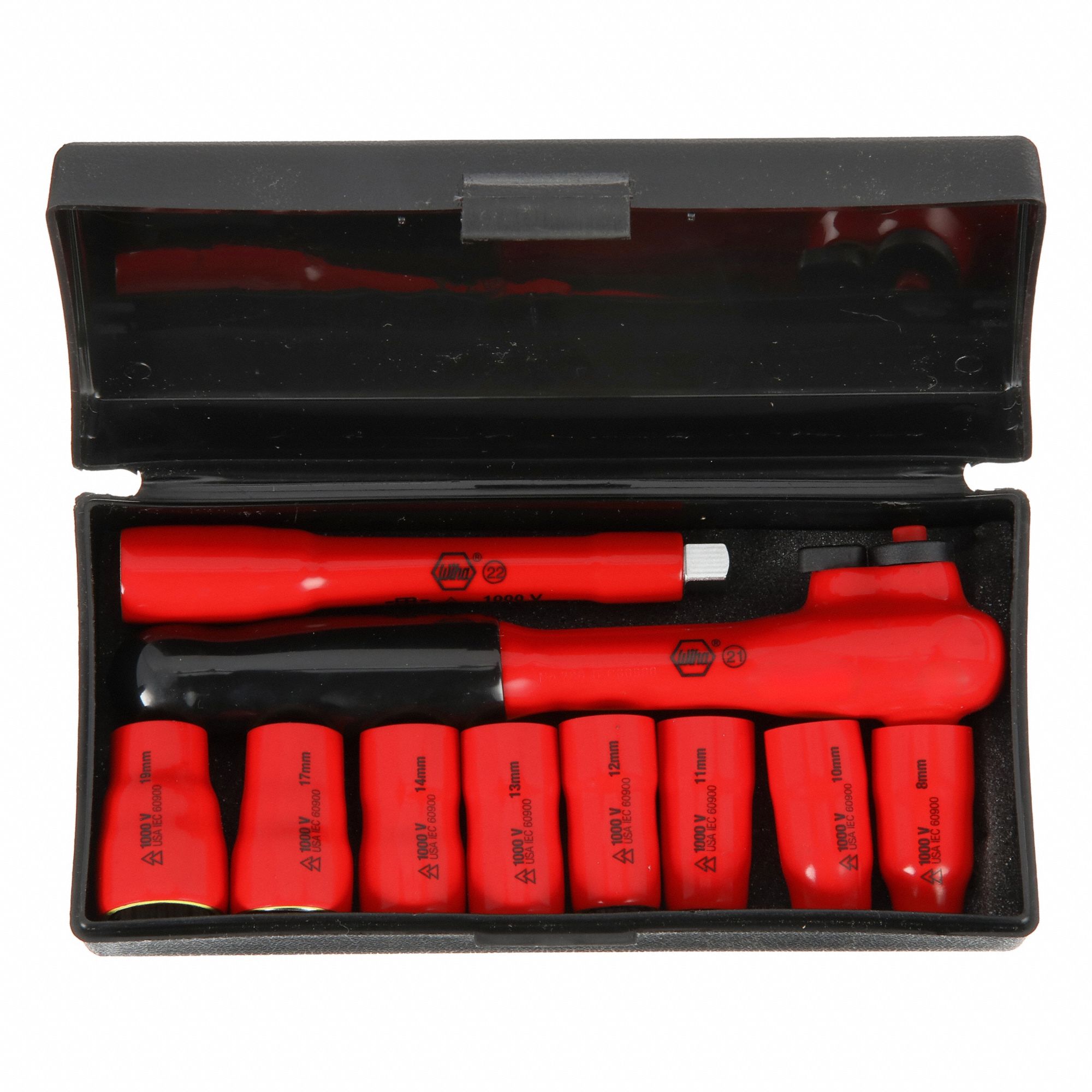 Socket Wrench Set: 3/8 in Drive Size, 10 Pieces, 8 to 19 mm Socket Size Range, (8) 12-Point