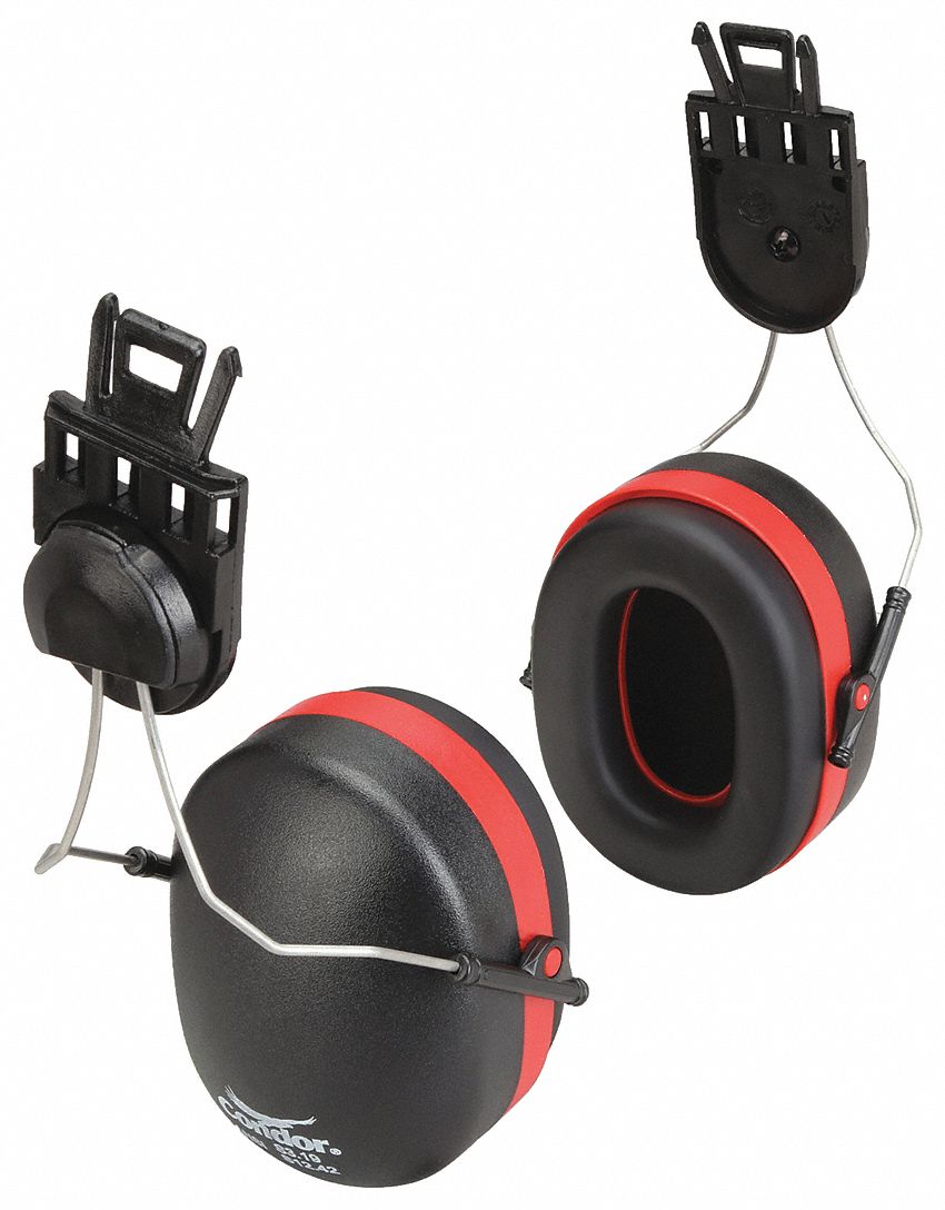 EARMUFFS, HARD HAT-MOUNT, RIGID, BLK,RED, POLYVINYL CHLORIDE/ABS, 18DB