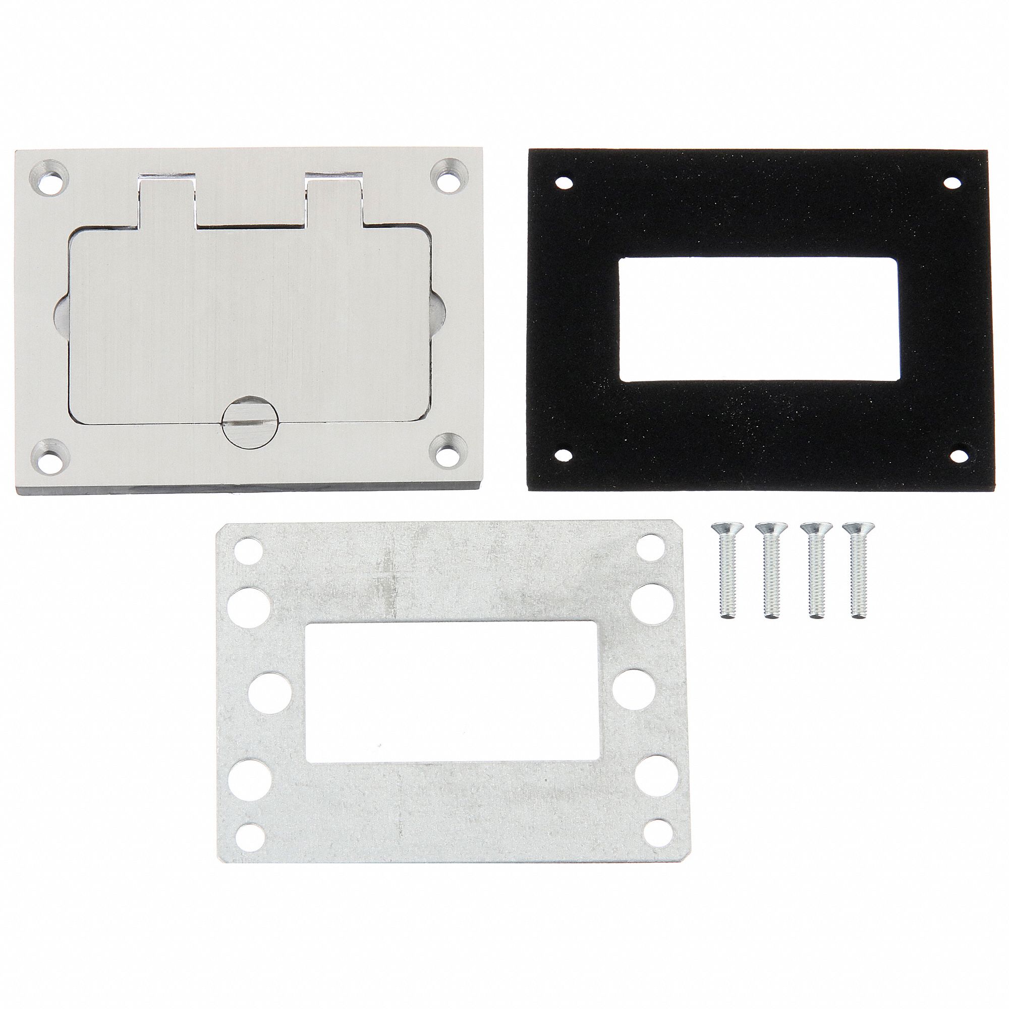 Floor Box Plate: Rectangular, Silver, Aluminum, Brushed, 3 1/4 in L x 4 1/4 in W x 1/4 in H