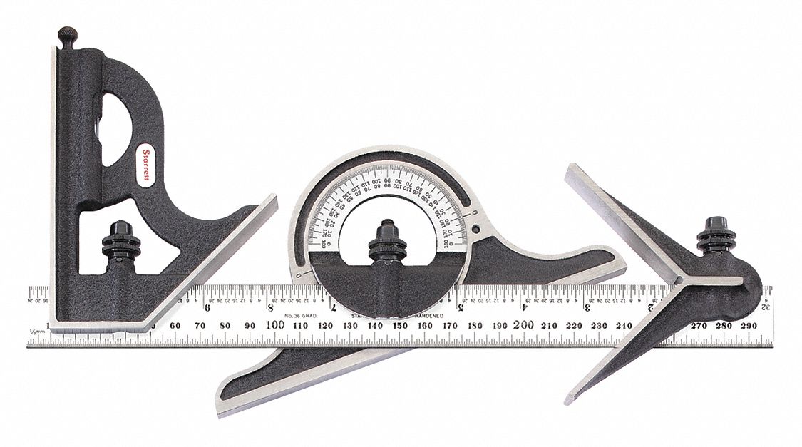 Combination Set: Metric/SAE, Steel, Brushed, 11 3/4 in Blade Lg, 1/2 mm/1/32 in Graduations