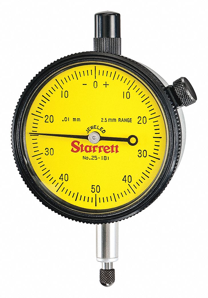 STARRETT Dial Indicator Lug Back, Range 0 to 2.5 mm, Back Type LugOnCenter, Reading Balanced