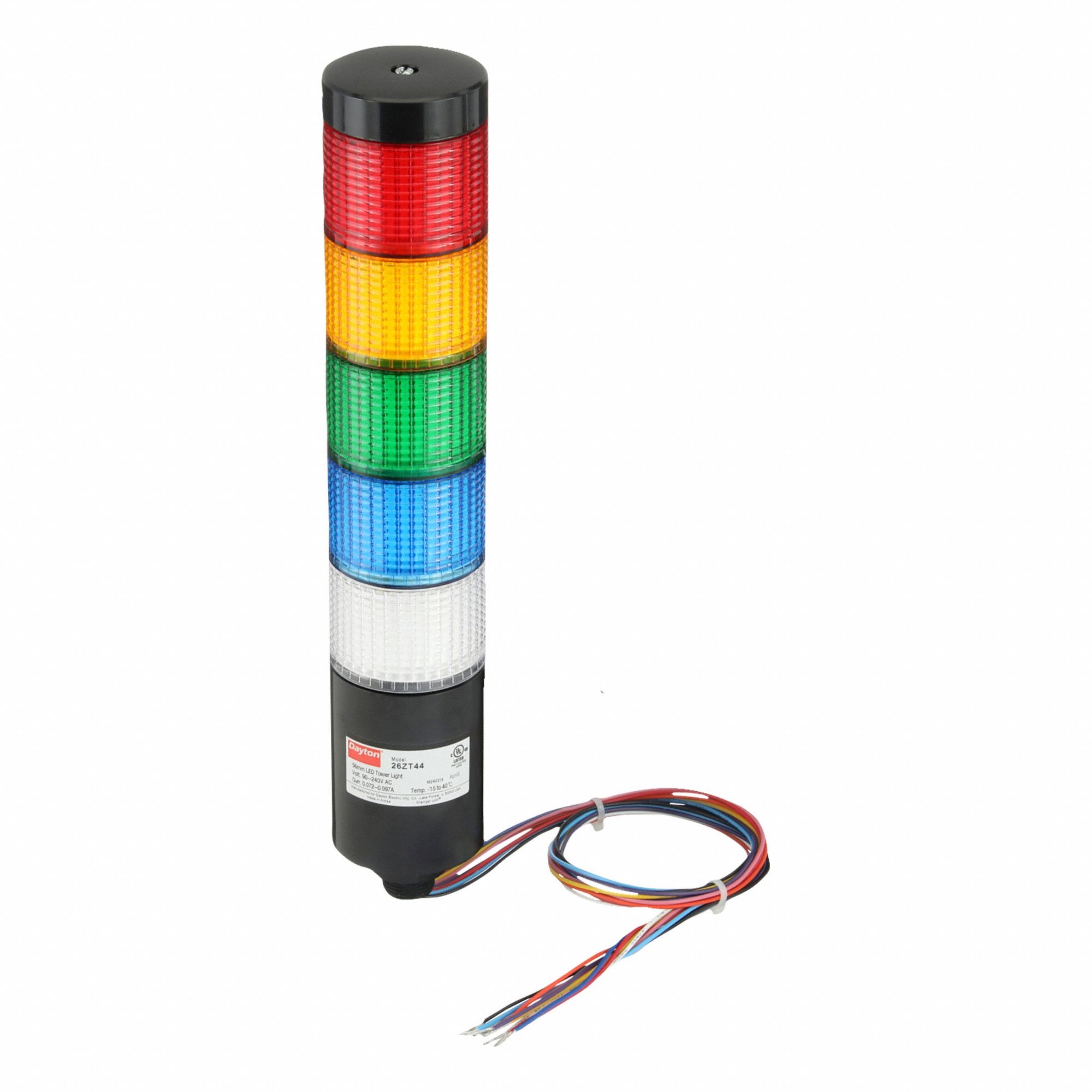 Tower Light Assembly: 5 Tier, Amber/Blue/Clear/Green/Red, No Sounder Tier, 56 mm Overall Dia