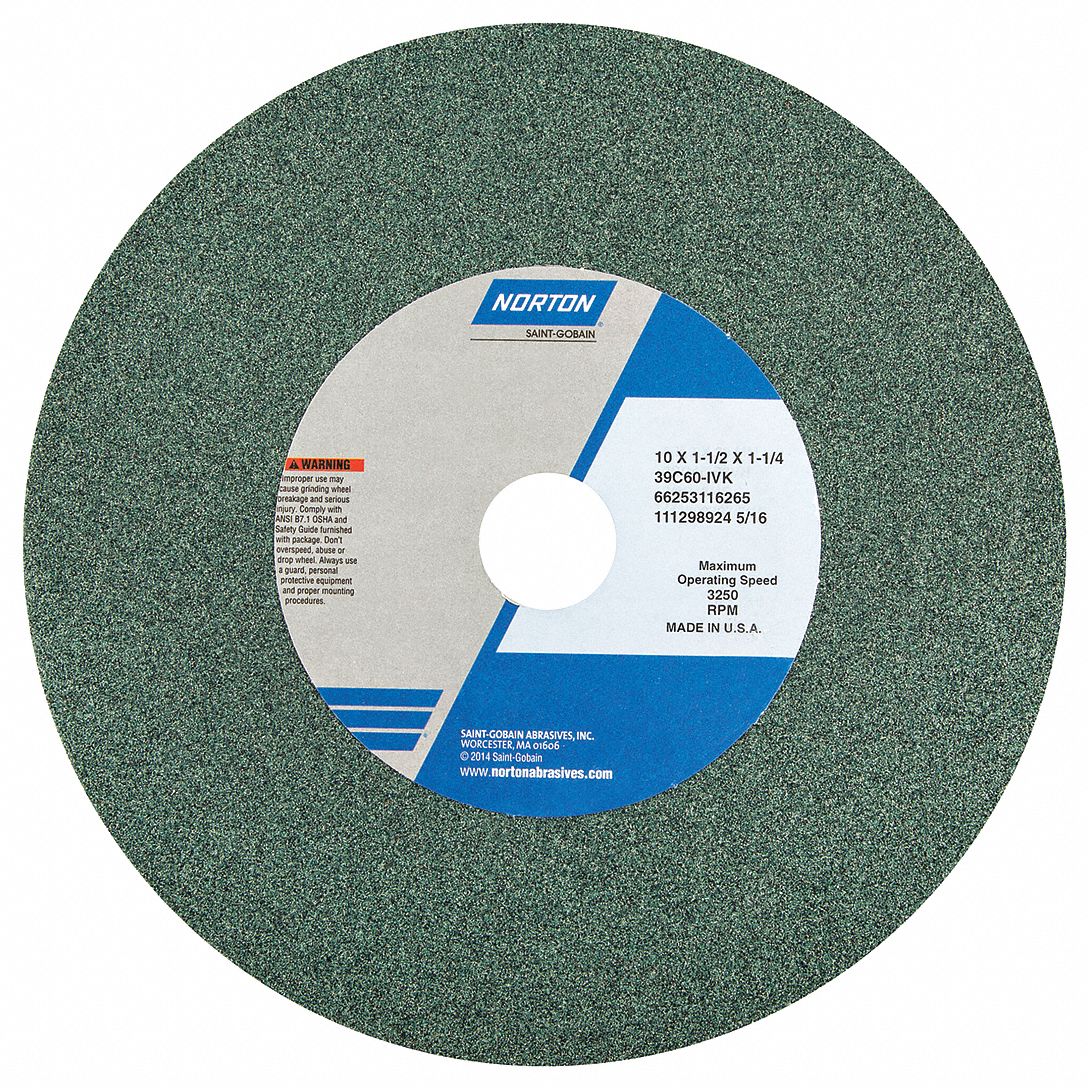 NORTON Straight Grinding Wheel: 10 in Dia, 1 1/4 in Arbor, 1 1/2 in Thick,  Silicon Carbide, 60 Grit