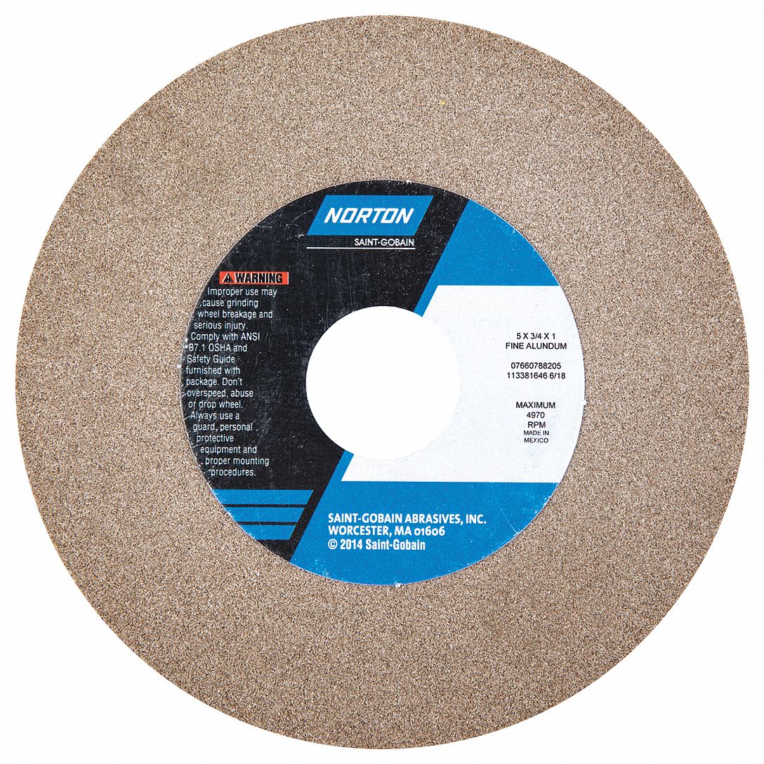 NORTON Type 1 Aluminum Oxide Straight Grinding Wheel, 5 in, 1 in Arbor