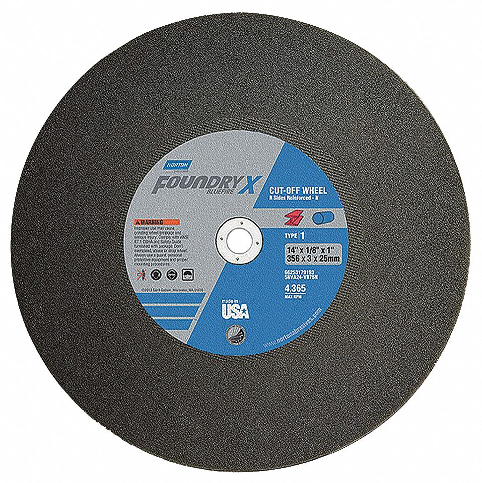 ABRASIVE CUT-OFF WHEEL, TYPE 1, 20 IN X 3/16 IN X 1 IN, NV-VBFX-B, V, ZIRCONIA ALUMINA