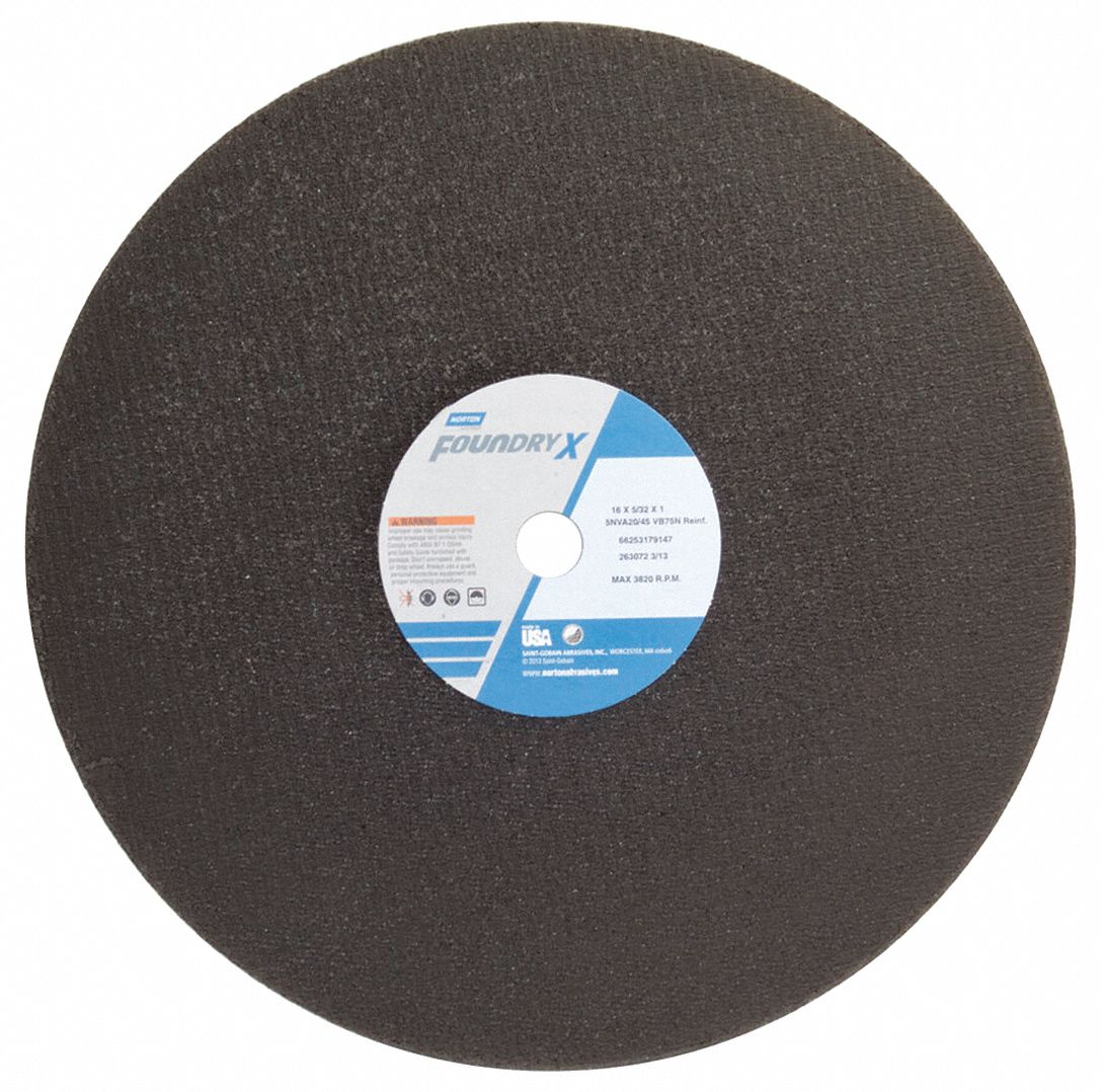 ABRASIVE CUT-OFF WHEEL, TYPE 1, 16 IN X 5/32 IN X 1 IN, NV-VBFX-N, V, ZIRCONIA ALUMINA