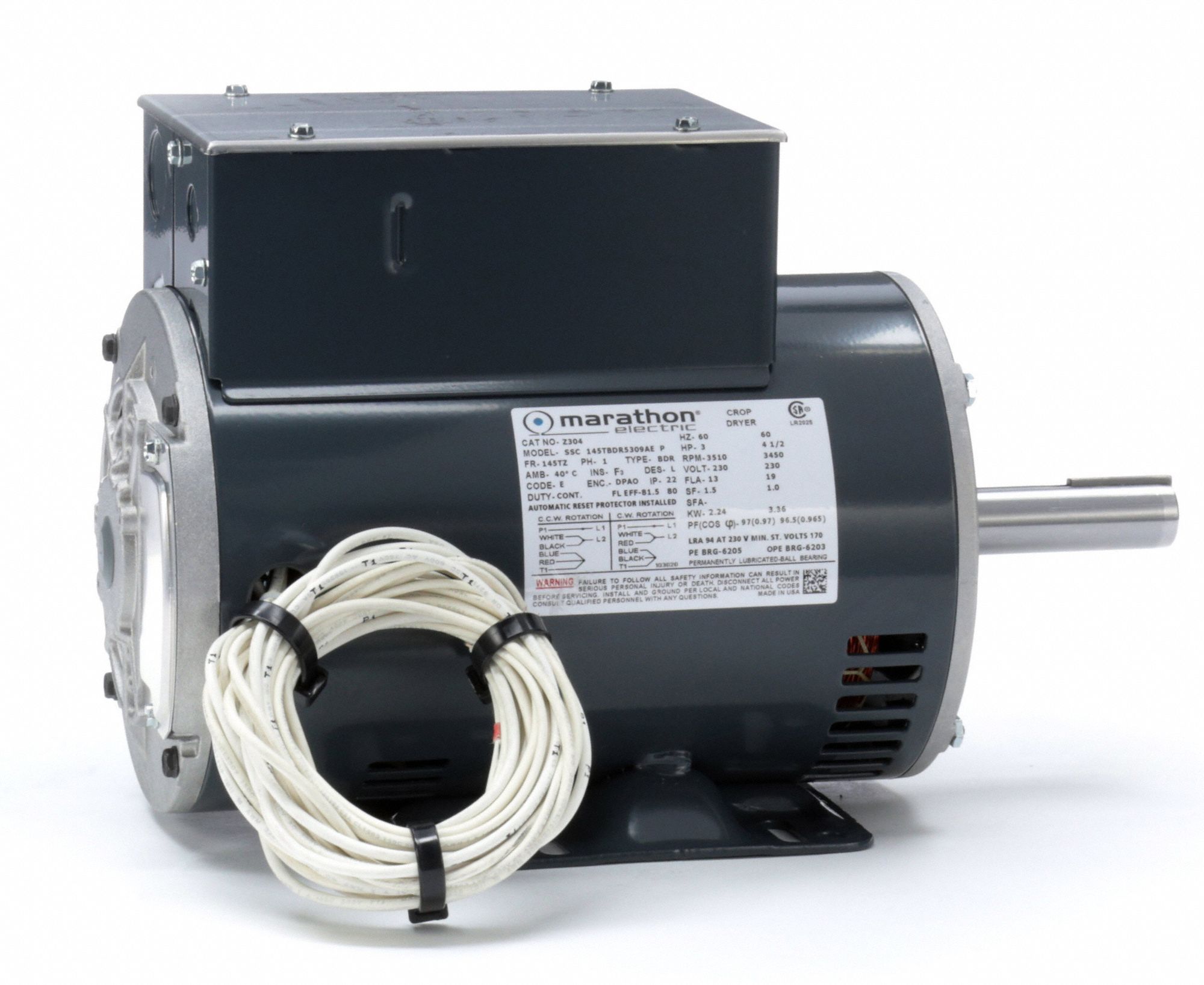 MARATHON MOTORS Crop Dryer Motor, 3 HP, CapacitorStart/Run, Nameplate