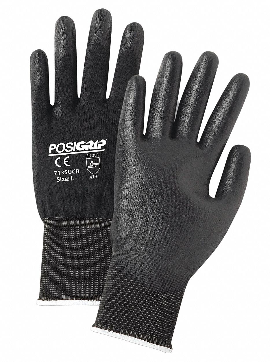 Coated Gloves: L ( 9 ), Smooth, Polyurethane, Palm, Dipped, 12 PK