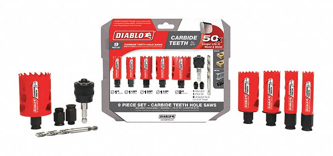 Hole Saw Set: 9 Pieces, 2 3/8 in Max. Cutting Dp, Carbide Tipped, 1 in to 2 in Saw Size Range