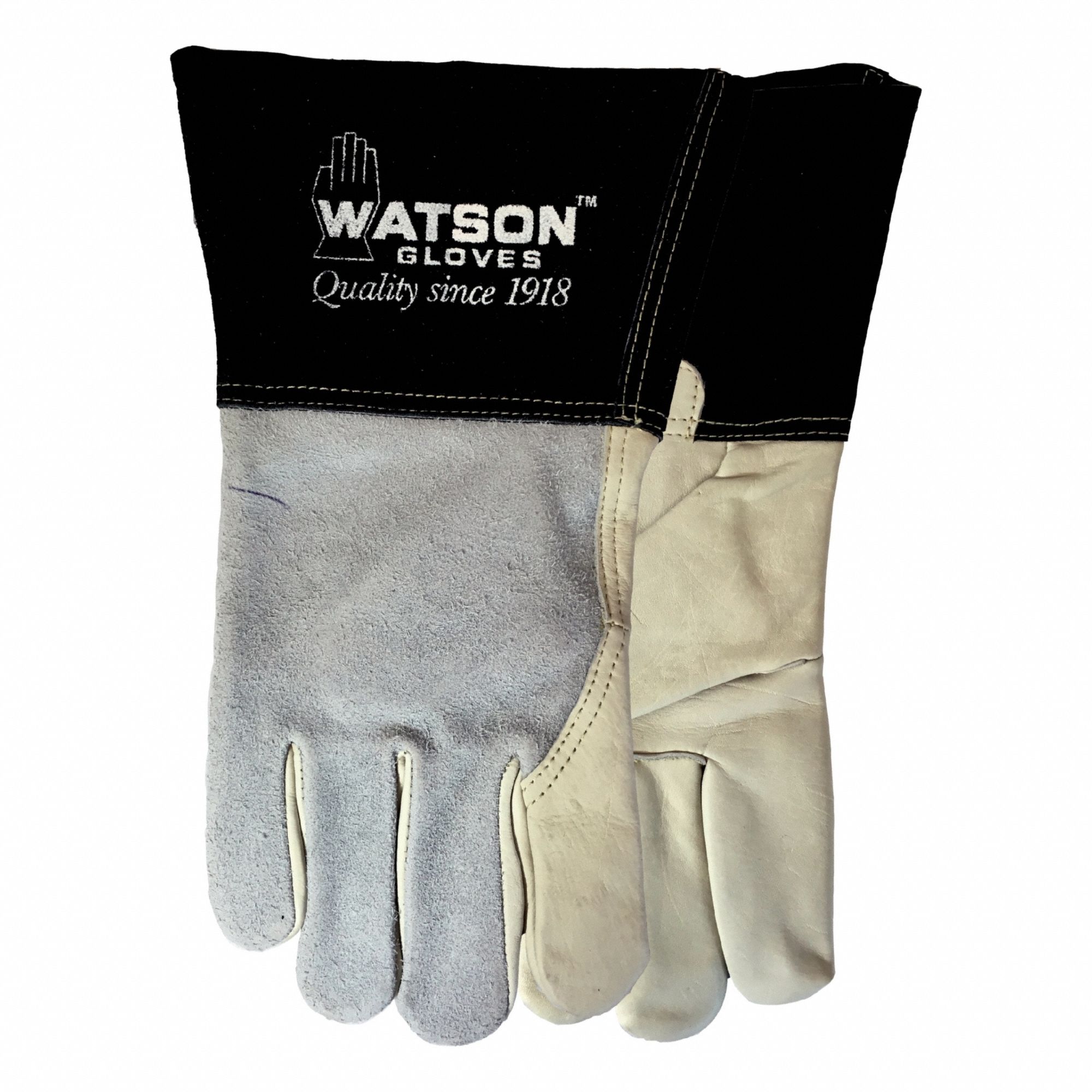 Welding Gloves: Wing Thumb, Gauntlet Cuff, Std, Gray Cowhide, Watson Gloves 2757, 1 PR