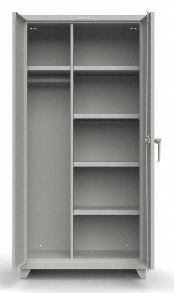Storage Cabinet: 36 in x 24 in x 75 in, 4 Shelves, Swing Handle & Padlock Hasp, Adj