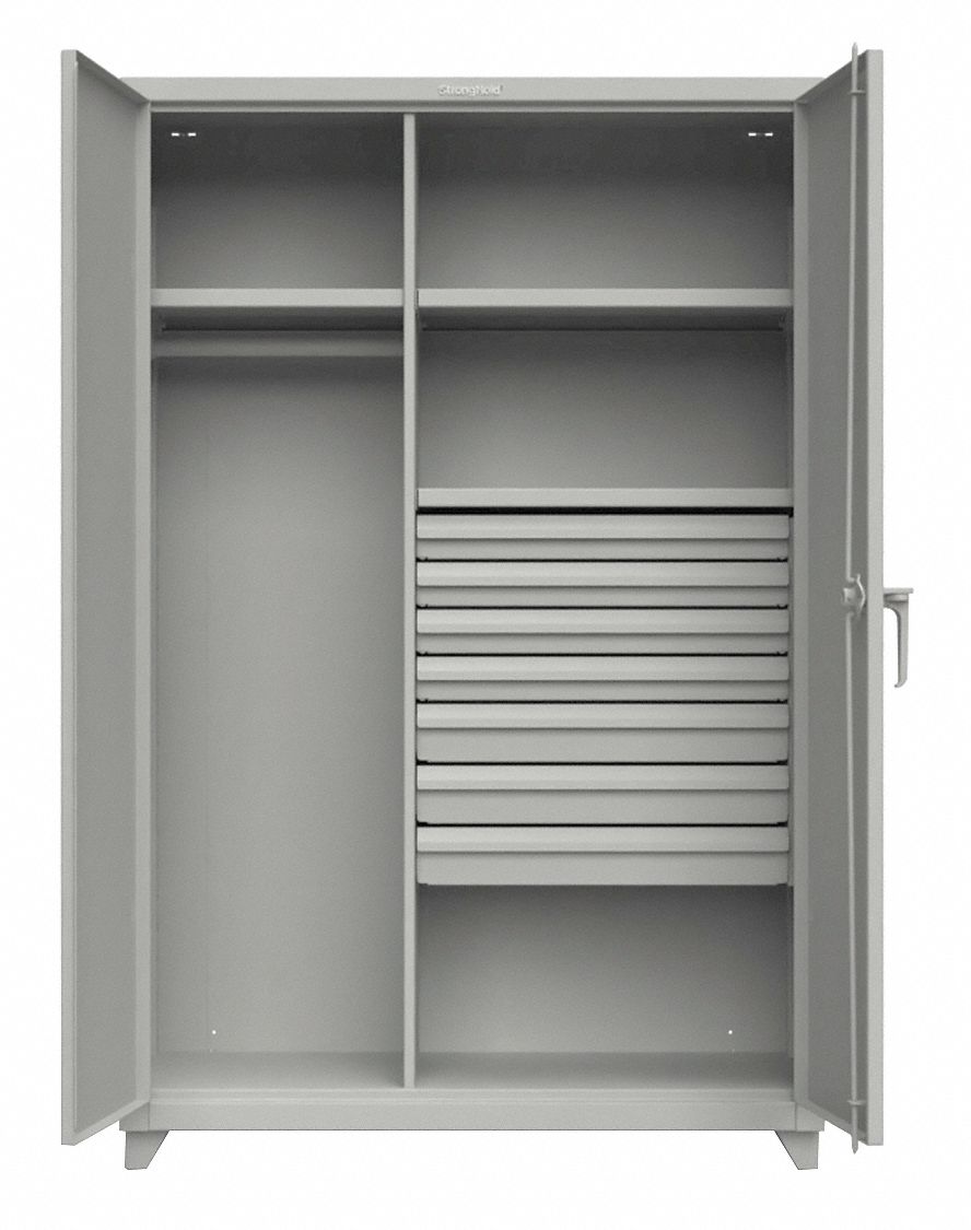 Storage Cabinet: 24 in x 75 in, 3 Shelves, 7 Drawers, Swing Handle & Padlock Hasp, Adj