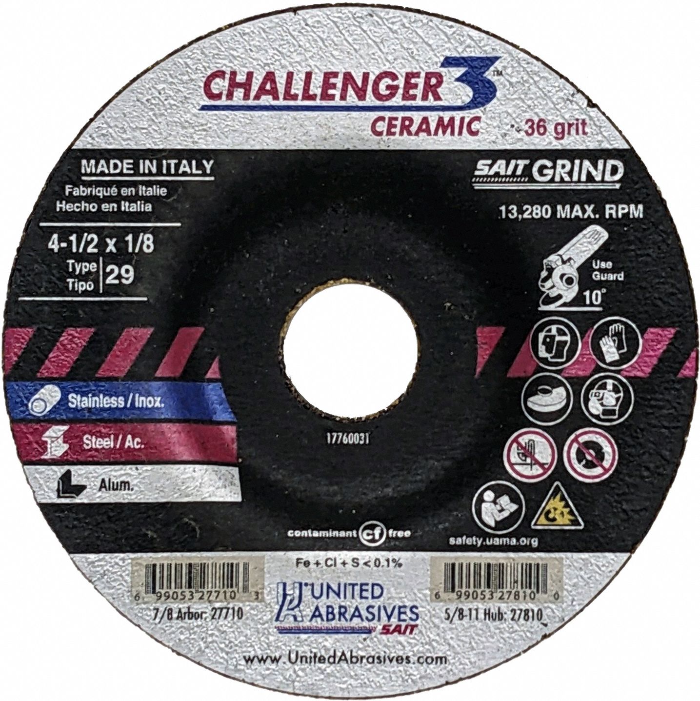 Abrasive Grinding Wheel: Type 29, 4 1/2" x 1/8" x 7/8", Ceramic, 36 Grit, Challenger 3 Ceramic