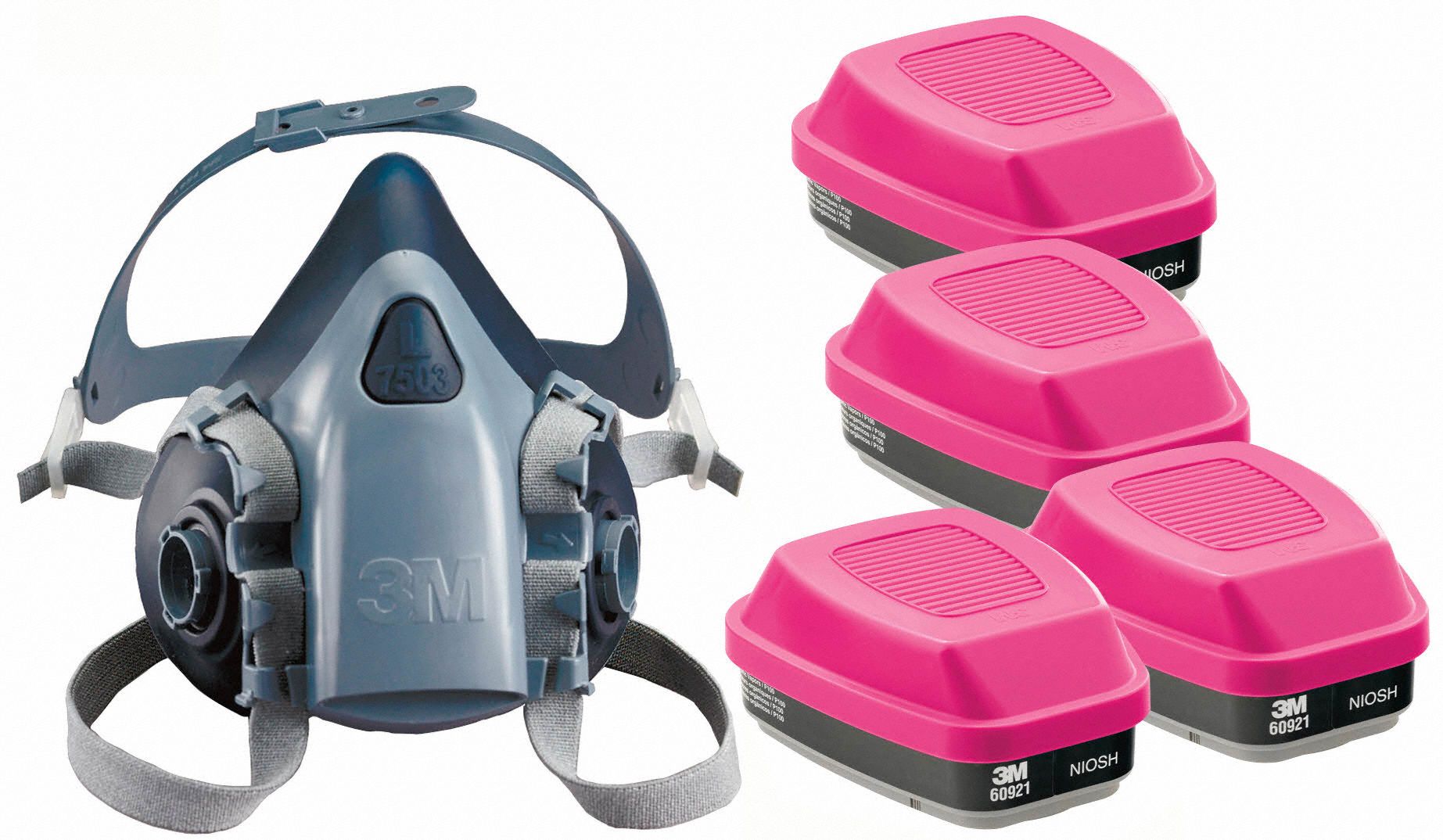 Half Mask Respirator Kit: 4 Cartridges Included, Silicone, L Mask Size