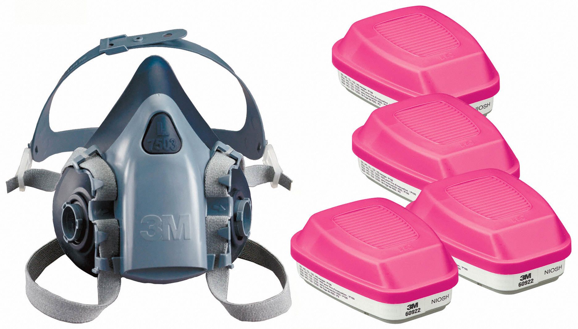 Half Mask Respirator Kit: 4 Cartridges Included, Silicone, L Mask Size