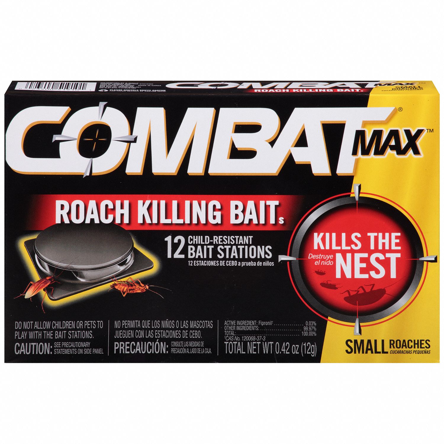 COMBAT Roach Bait: For Use On Crawling Insects, Bait Box Trap, Indoor Use, 12 PK (MPN 51910). Key specifications — Brand: COMBAT; Indoor/Outdoor Use: Indoor; Insect Group: Crawling; Targeted Insects: Cockroaches; Color: Black; Trap Style: Bait Box.