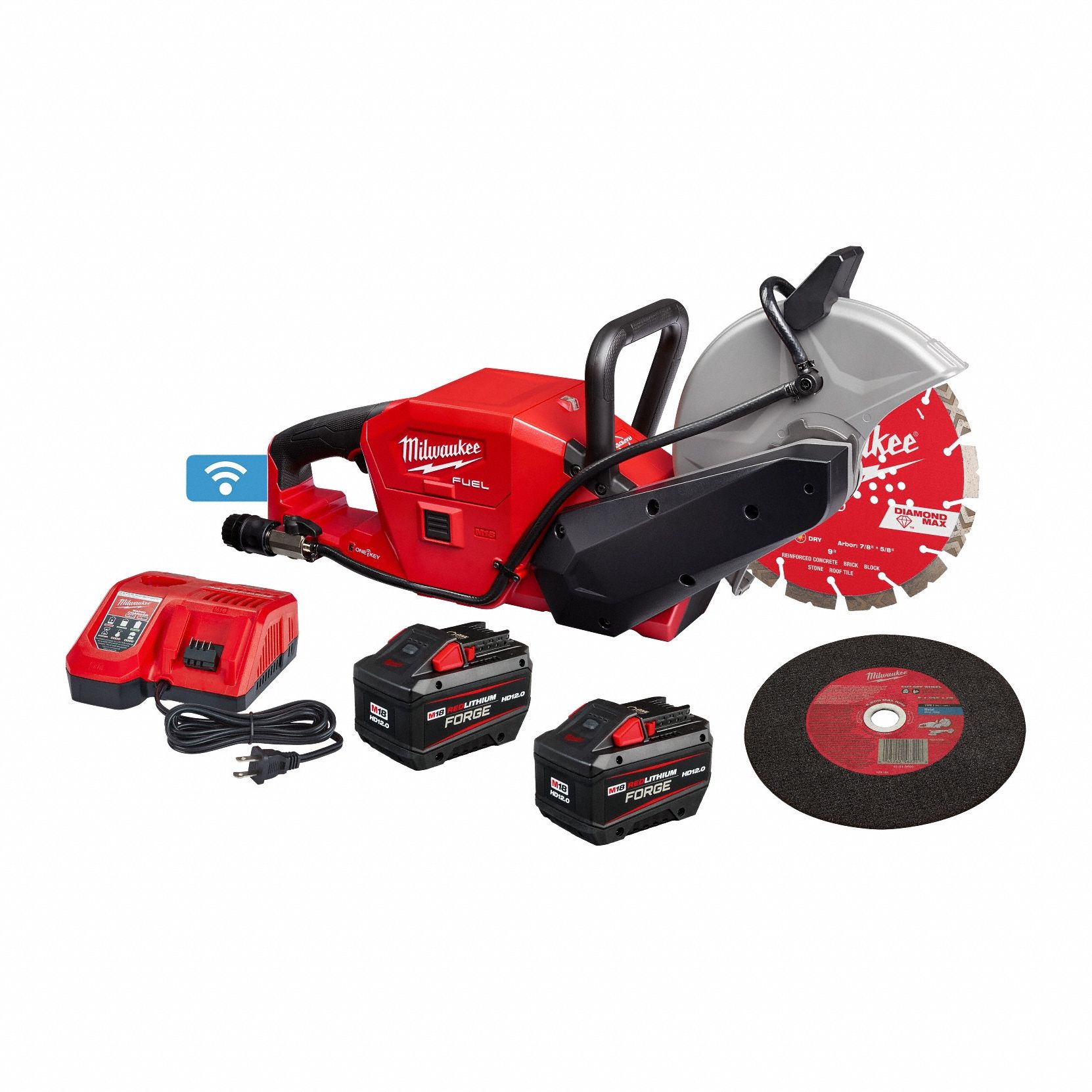 Handheld Concrete Saw: 9 in Blade Dia., Wet/Dry, 3 3/8 in Max. Cutting Dp, 12 Ah Battery Capacity