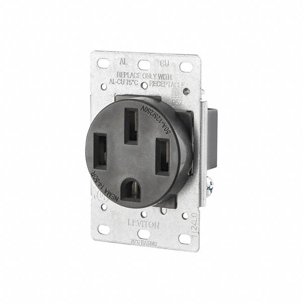 Receptacle: Single, Black, 14-50R, 50 A, 125/250V AC, 3 Pole / 4 Wire, Screw Terminals