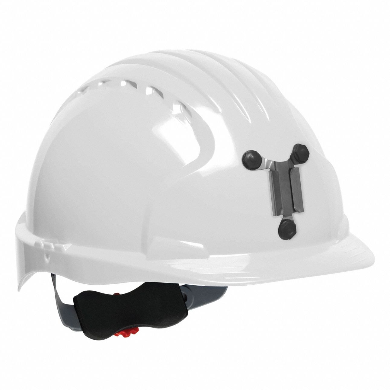 Hard Hat: White, No Graphics, Ratchet (6-Point), Ratchet, Polyethylene, Headlamp Mount, PIP, JSP