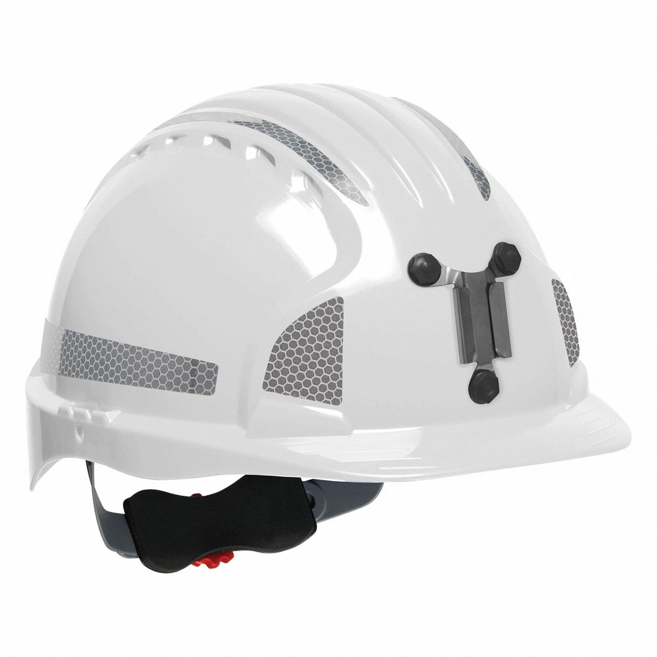 Hard Hat: White, No Graphics, Ratchet (6-Point), Ratchet, Polyethylene, Headlamp Mount, PIP, JSP