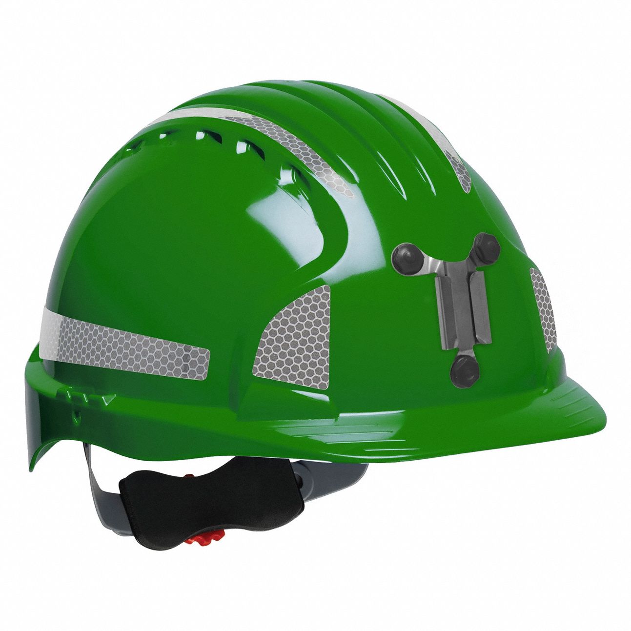 Hard Hat: Green, No Graphics, Ratchet (6-Point), Ratchet, Polyethylene, Headlamp Mount, PIP, JSP