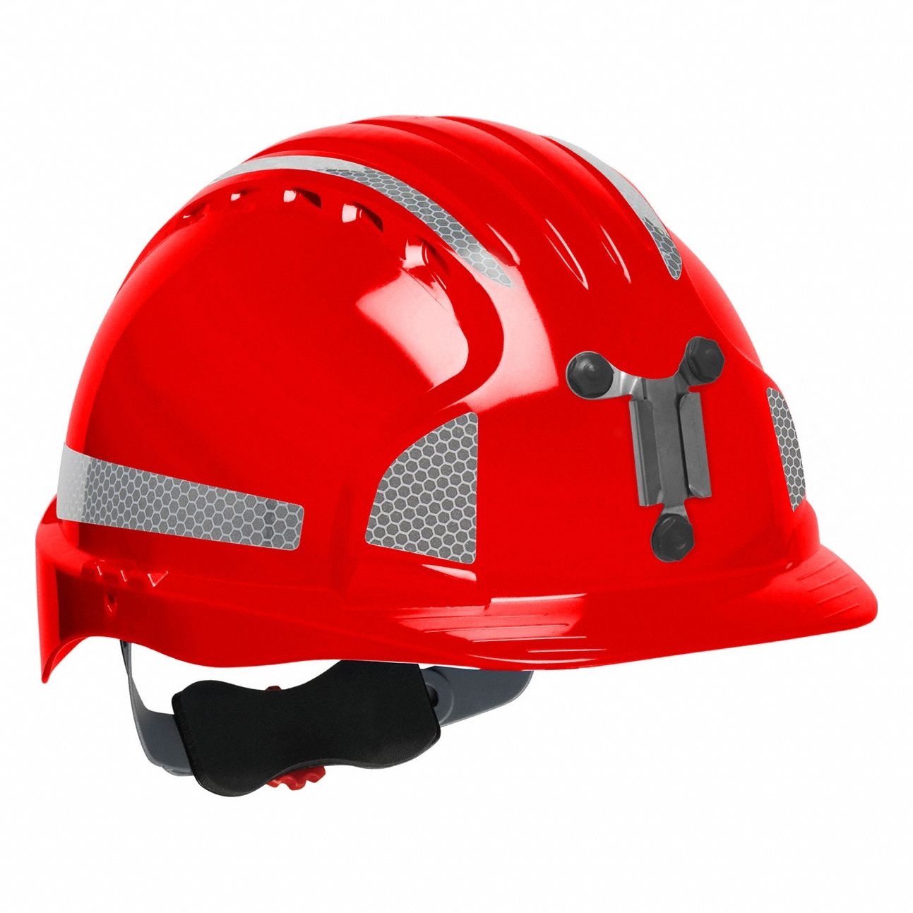 Hard Hat: Red, No Graphics, Ratchet (6-Point), Ratchet, Polyethylene, Headlamp Mount, PIP, Solid
