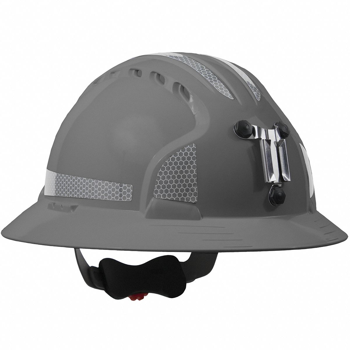 Hard Hat: Gray, No Graphics, Ratchet (6-Point), Ratchet, Polyethylene, Headlamp Mount, PIP, JSP
