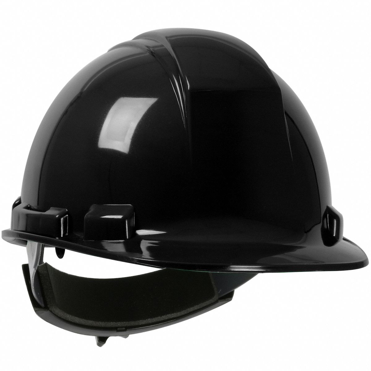Hard Hat: Black, No Graphics, Ratchet (4-Point), Ratchet, Polyethylene, PIP, Solid, Dynamic