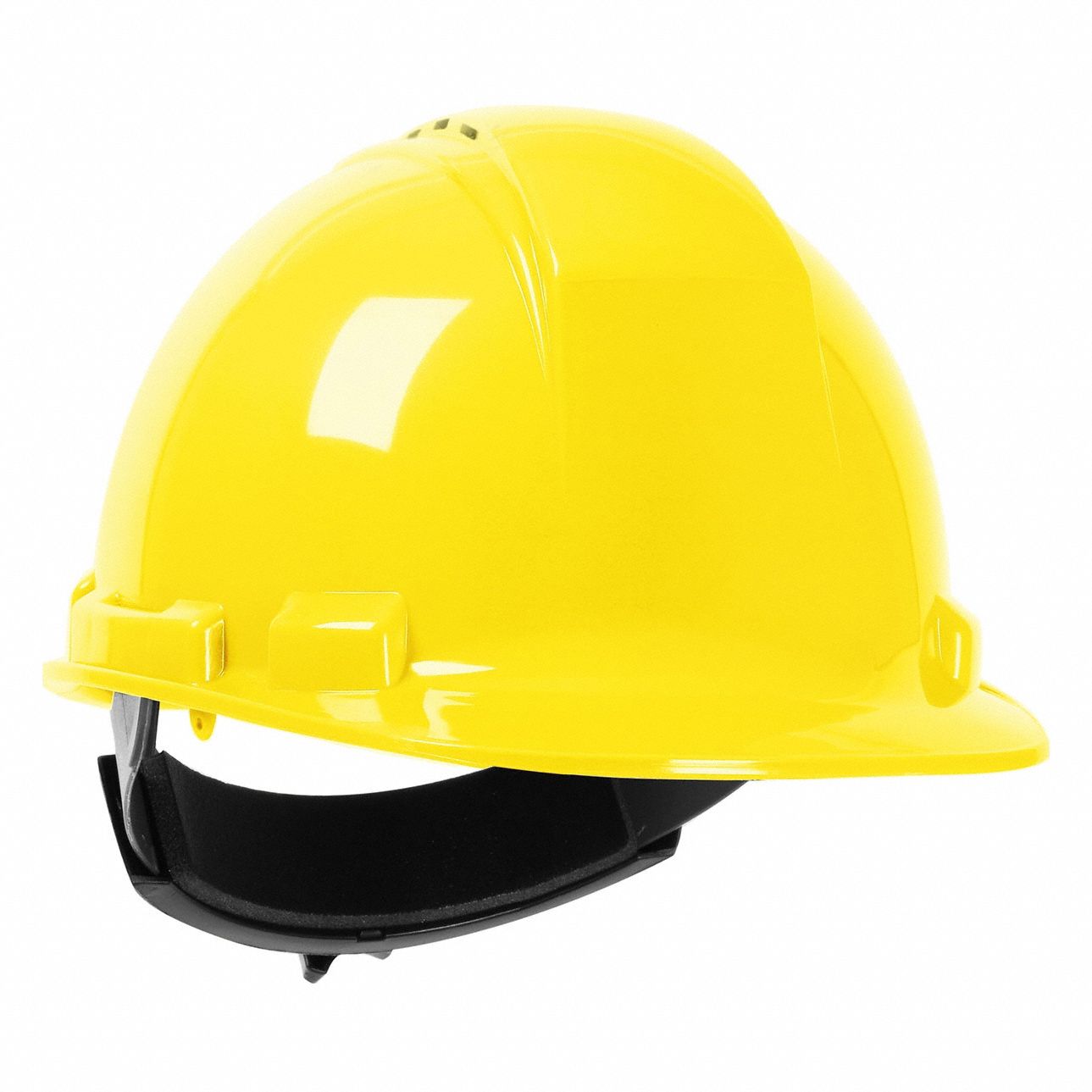 Hard Hat: Yellow, No Graphics, Ratchet (4-Point), Ratchet, Polyethylene, PIP, Solid, Dynamic