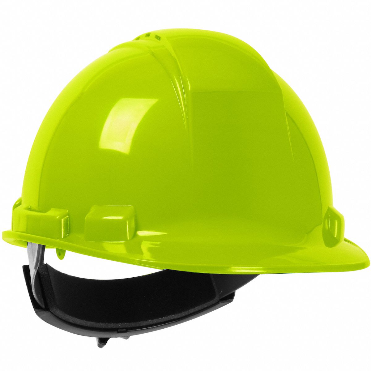 Hard Hat: Yellow, No Graphics, Ratchet (4-Point), Ratchet, Polyethylene, PIP, Solid, Dynamic