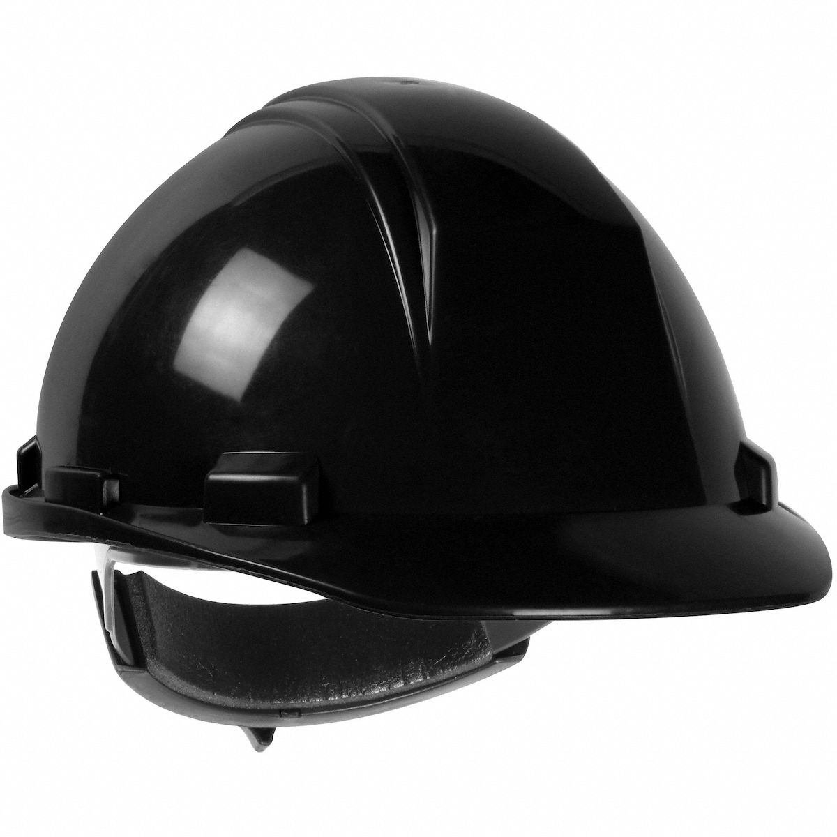 Hard Hat: Black, No Graphics, Ratchet (4-Point), Ratchet, Polyethylene, PIP, Solid, Dynamic