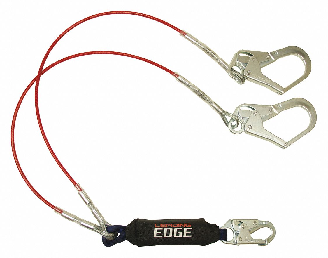 Shock-Absorbing Lanyard: Shock Pack, Stainless Steel Rebar Hook, Steel Snap Hook, 2 Legs