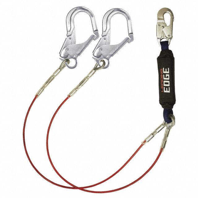 Shock-Absorbing Lanyard: Shock Pack, Aluminum Rebar Hook, Aluminum Snap Hook, 2 Legs, Red