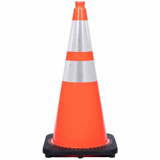 Traffic Cone: Night or High Speed Roadway (45 MPH or Higher), Reflective,  28 in Cone Ht, Orange, PVC