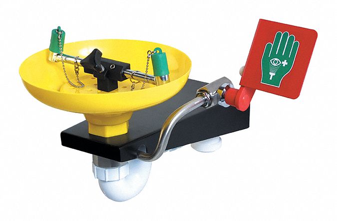 Plumbed Eyewash: Std, Wall Mnt, Eyes and Face Coverage, Uncovered, Plastic Bowl