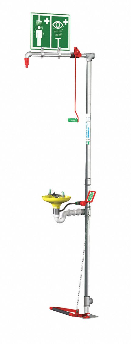 Shower with Eyewash: Floor Mnt, Uncovered, Plastic Bowl, Stainless Steel Pipe