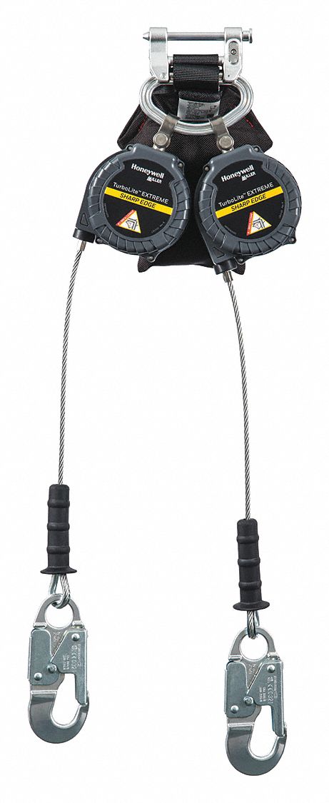 SELF-RETRACTING LIFELINE, 2 LEG, VISUAL LOAD INDICATOR, 420 LBCAP, GREY, 9 FT