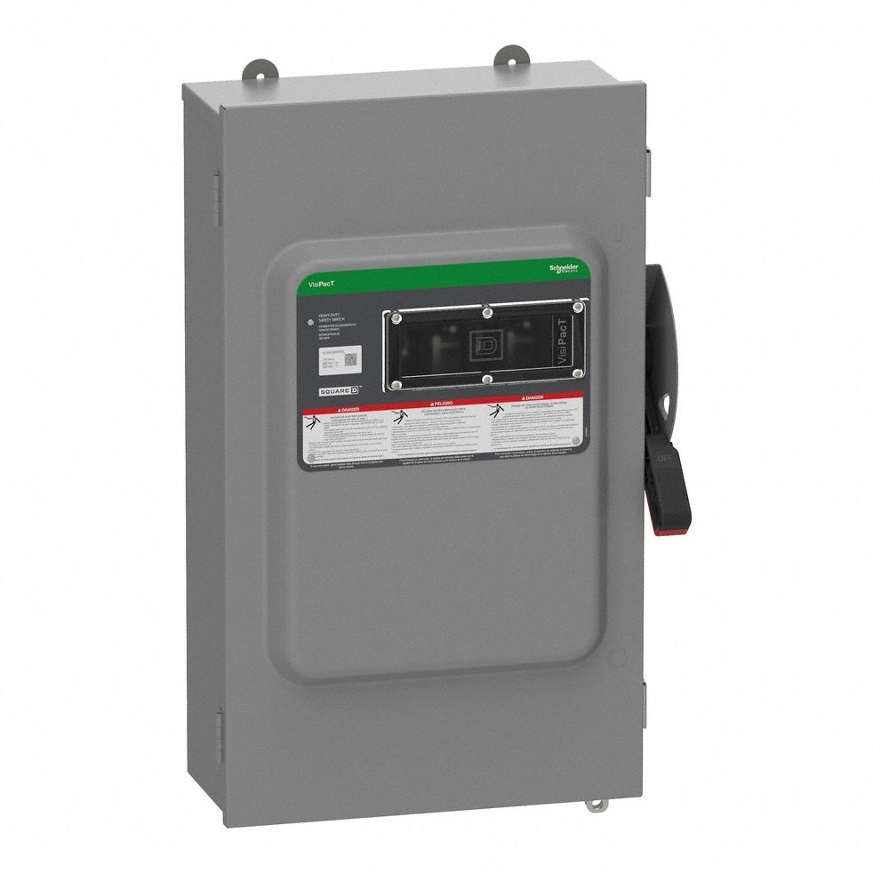 Safety Switch: Fusible, 200 A, Three Phase, 600V AC/DC, Galvanized Steel, Indoor