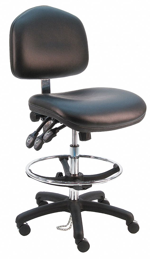 Ergonomic Chair: Vinyl, Armless, Ht Range 21 in to 31 in, 21 1/2 in Seat Wd, 19 in Seat Dp, 0 Glides