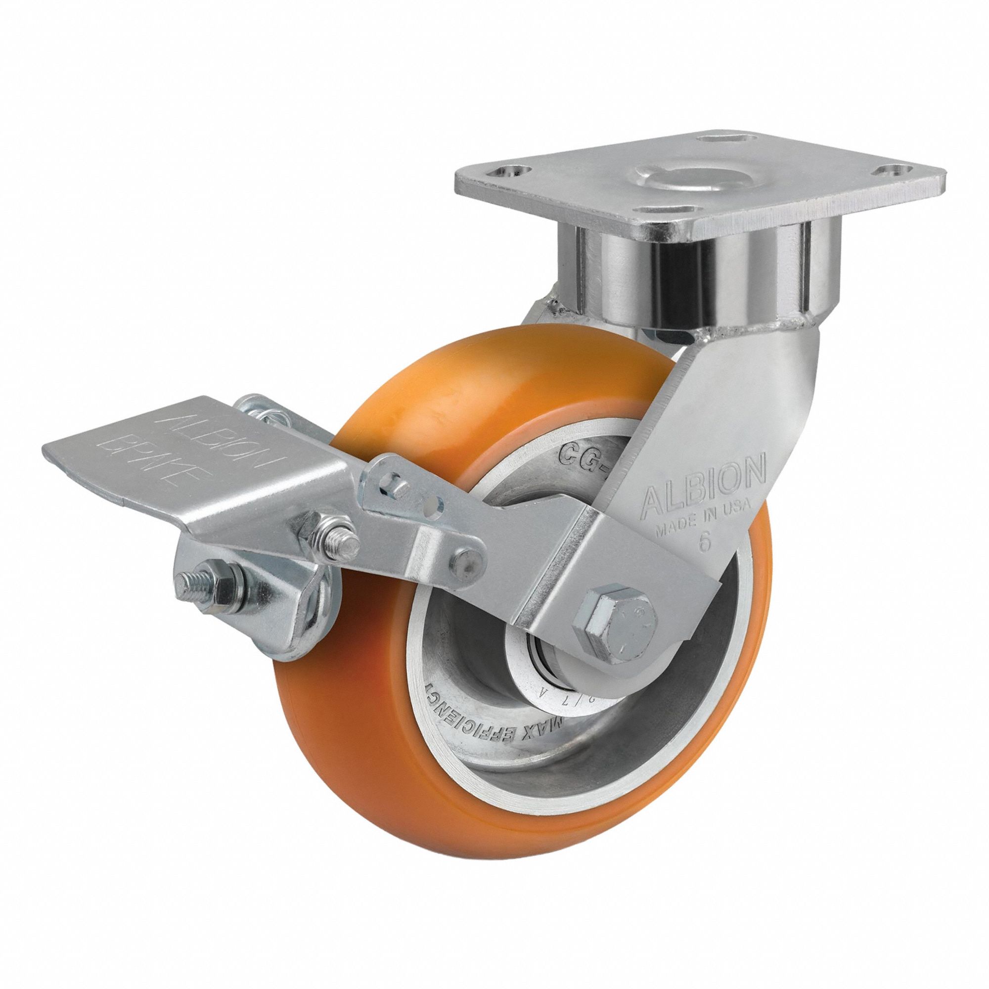 Plate Caster: Swivel, Face Brake, Polyurethane, 6 in Wheel Dia., 2 in Wheel Wd, Slot, Ball