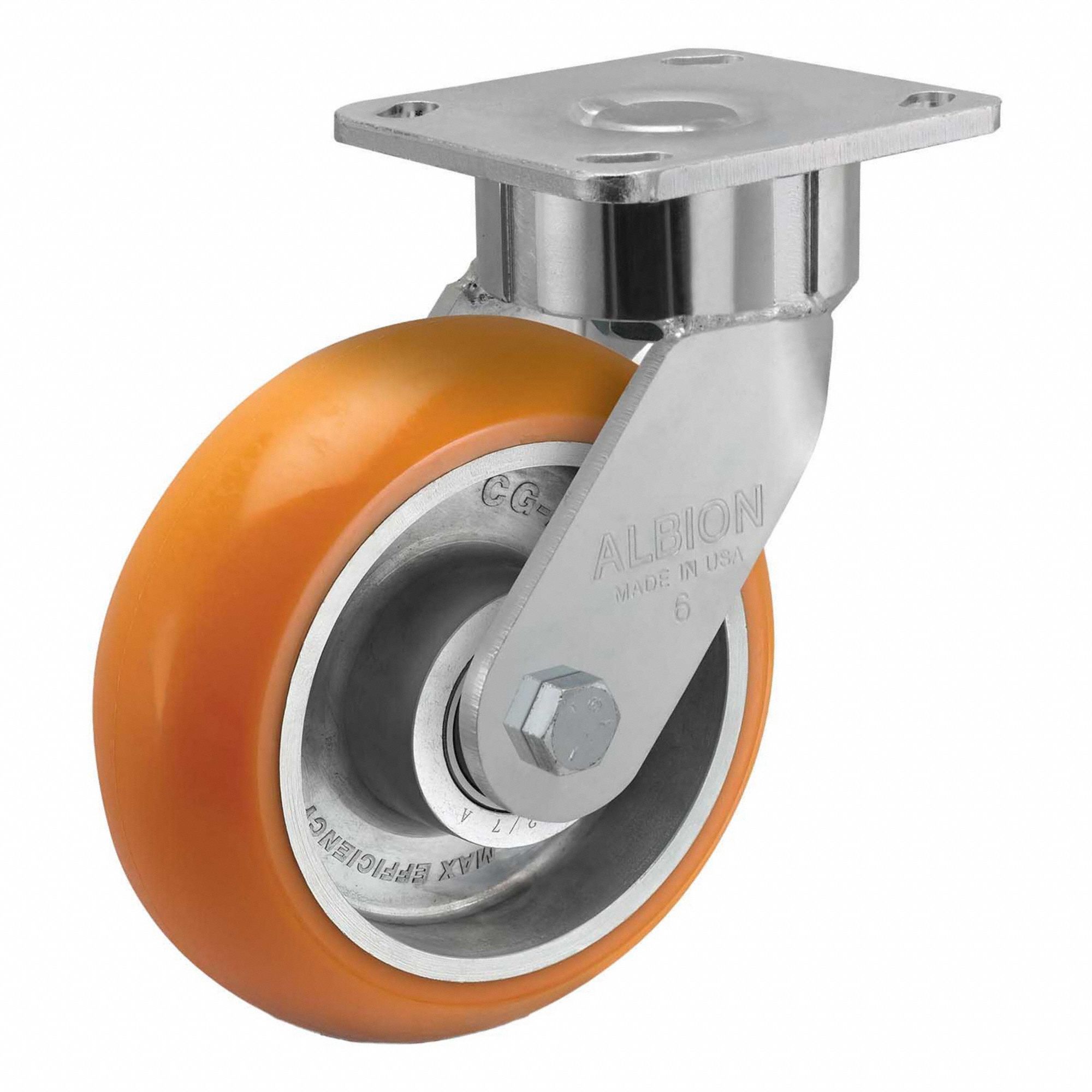 Plate Caster: Swivel, No Brake, Polyurethane, 6 in Wheel Dia., 2 in Wheel Wd, Slot, Rectangle