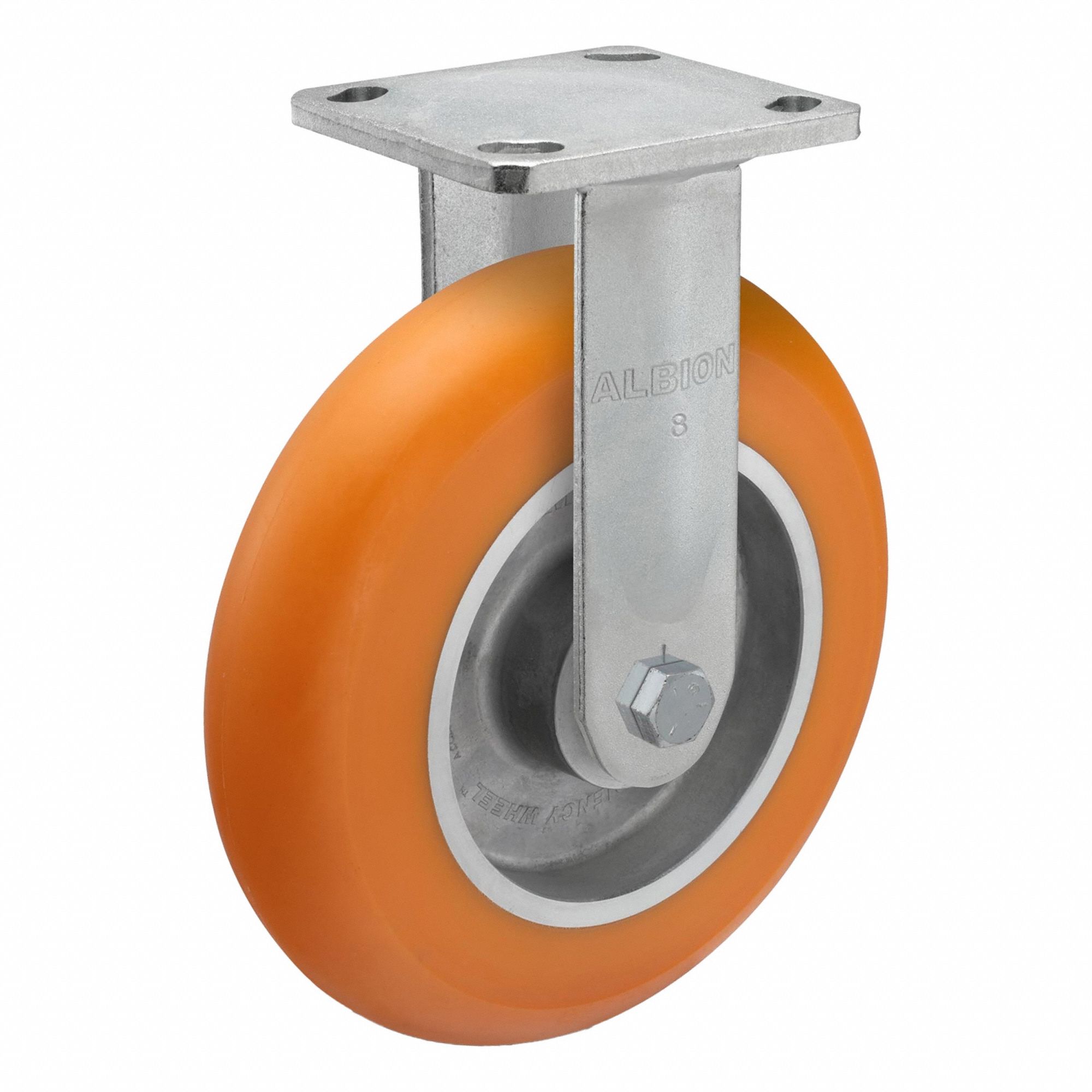 Plate Caster: Rigid, No Brake, Polyurethane, 8 in Wheel Dia., 2 in Wheel Wd, Slot, Rectangle