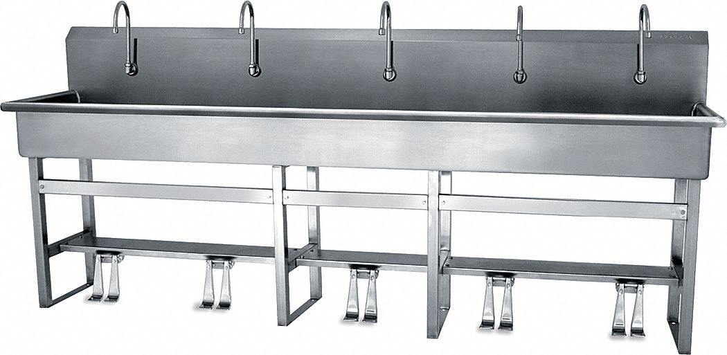 Wash Station: 45 in Overall Ht, 97 in Bowl Lg, 8 in Bowl Dp, 2 gpm Flow Rate, 16 ga